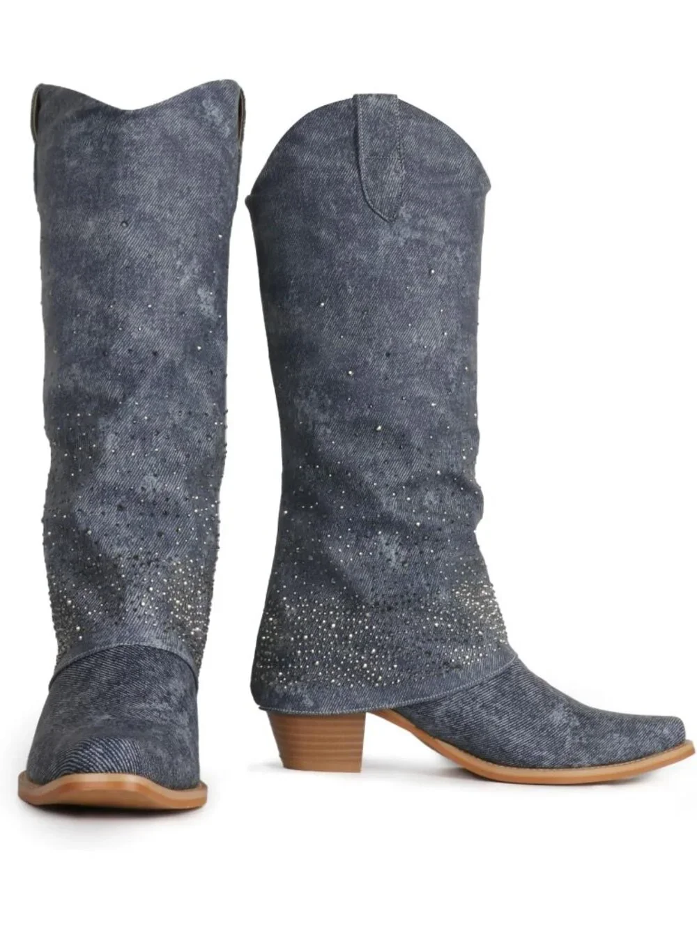 Women's Dark Blue Rhinestones Fold Over Wide Calf Fashion Western Knee High Boot